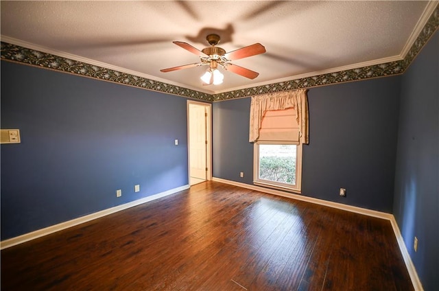 unfurnished room featuring ornamental molding, a textured ceiling, hardwood / wood-style flooring, and ceiling fan