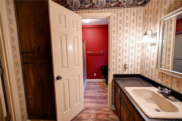 bathroom with vanity and hardwood / wood-style flooring