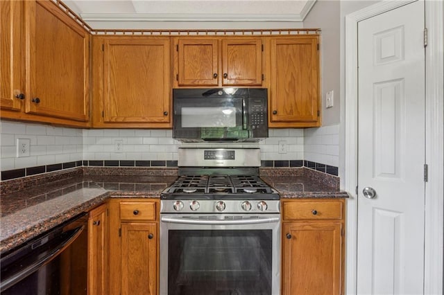 4200 Sterling Pointe Dr, Douglasville, GA 30135 - kitchen featuring black appliances, brown cabinetry, crown molding, tasteful backsplash, and dark stone counters