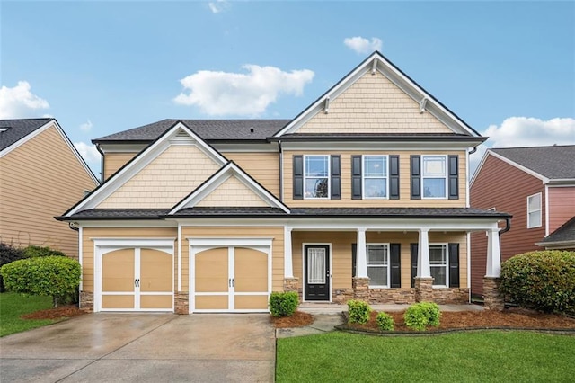 2040 Village Green Dr, Fairburn, GA 30213 - craftsman-style home featuring driveway, a front lawn, a porch, stone siding, and an attached garage