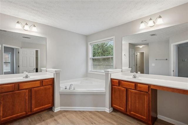2040 Village Green Dr, Fairburn, GA 30213 - bathroom featuring wood finished floors, two vanities, a garden tub, and a textured ceiling