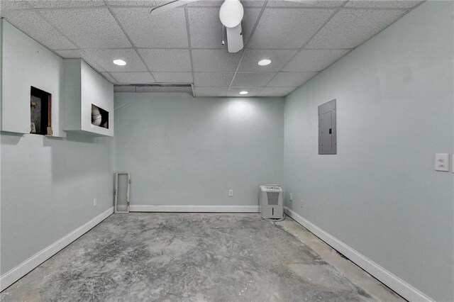 laundry room featuring electric panel, baseboards, recessed lighting, and ceiling fan
