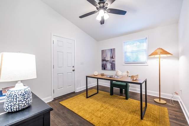 office space featuring dark hardwood / wood-style flooring, ceiling fan, and lofted ceiling