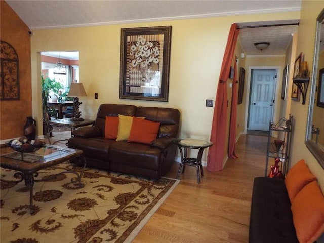 living room featuring ornamental molding and light hardwood / wood-style floors