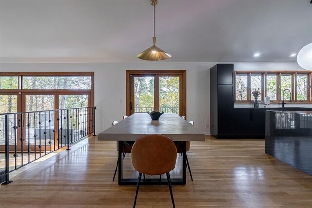 dining room with sink and light hardwood / wood-style flooring