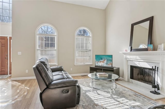 living room with a high end fireplace and light wood-type flooring