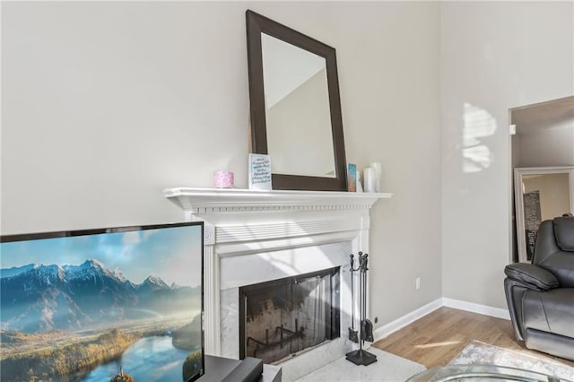 living room with a high end fireplace and light hardwood / wood-style flooring