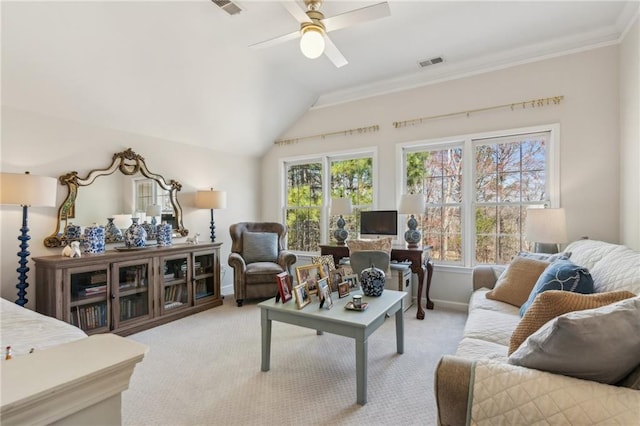 5807 Peacock Ln, Hoschton, GA 30548 - living room with visible vents, light carpet, a ceiling fan, crown molding, and lofted ceiling