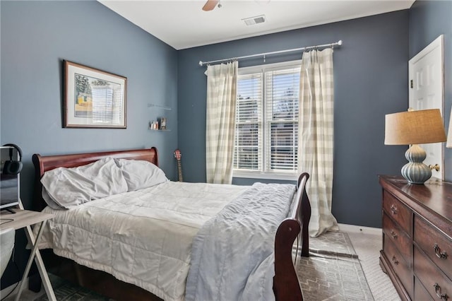 5807 Peacock Ln, Hoschton, GA 30548 - bedroom featuring visible vents, light carpet, baseboards, and ceiling fan