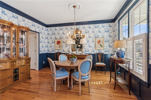 5807 Peacock Ln, Hoschton, GA 30548 - dining room featuring wainscoting, wallpapered walls, crown molding, and wood finished floors