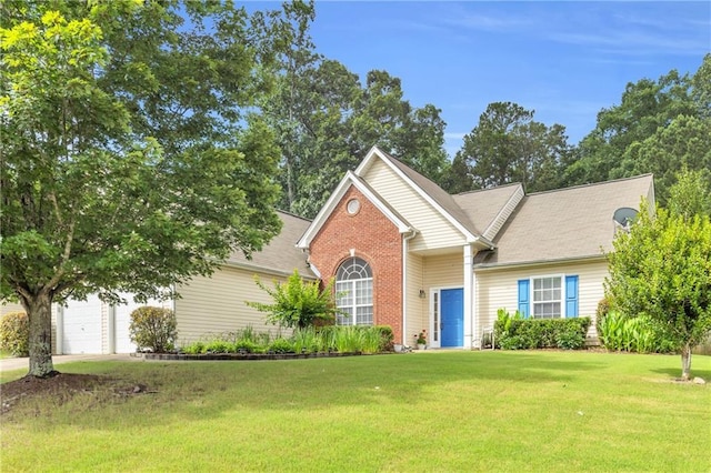 1530 Brisbane Dr, Dacula, GA 30019 - view of front of house featuring a front yard, a garage, brick siding, and concrete driveway