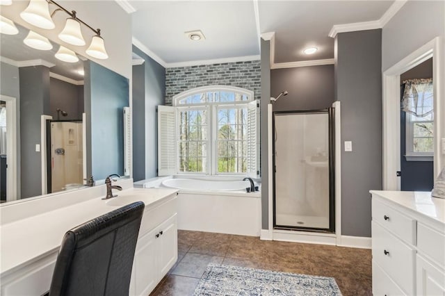 full bathroom featuring a shower stall, a wealth of natural light, and vanity