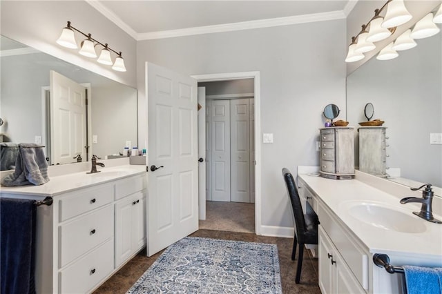 bathroom featuring ornamental molding, a sink, and two vanities