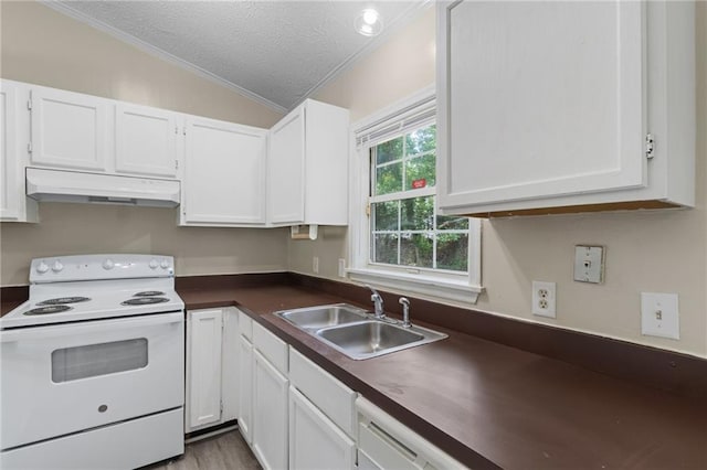 354 Henry Aaron Ave SW, Atlanta, GA 30310 - kitchen featuring under cabinet range hood, white electric range, lofted ceiling, a sink, and dark countertops