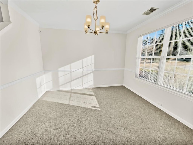 unfurnished dining area with a chandelier, visible vents, baseboards, ornamental molding, and carpet