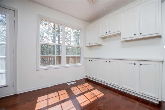 interior space with visible vents, dark wood-style flooring, and baseboards