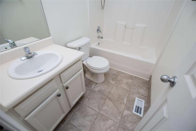 full bathroom with visible vents, toilet, shower / bath combination, and vanity