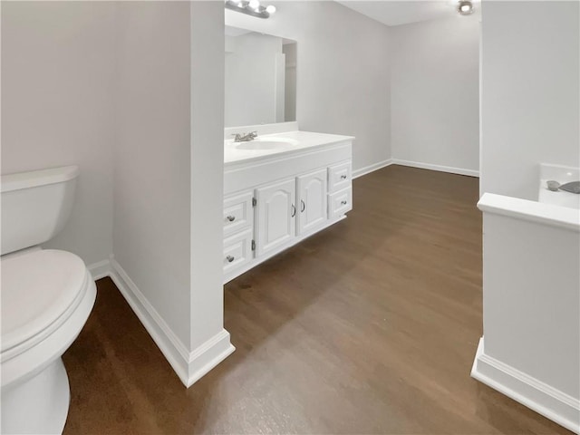 bathroom with vanity, hardwood / wood-style flooring, and toilet