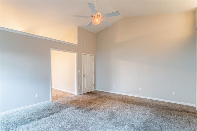 unfurnished room with ceiling fan, high vaulted ceiling, and light colored carpet