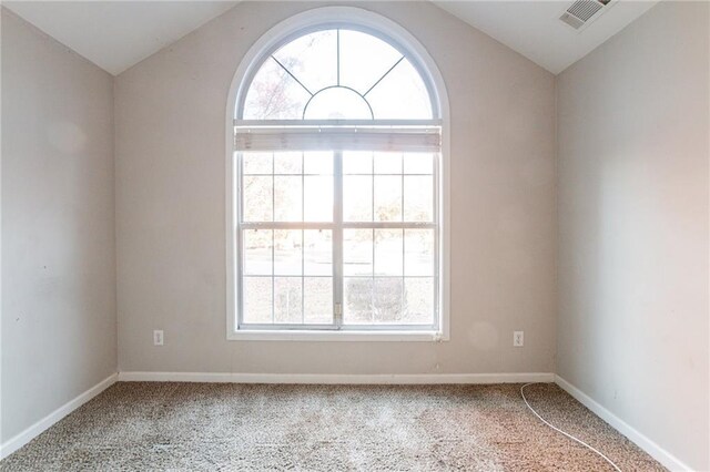 spare room with carpet flooring and lofted ceiling