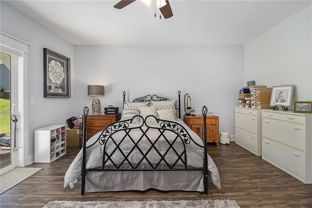 bedroom featuring ceiling fan and dark hardwood / wood-style flooring