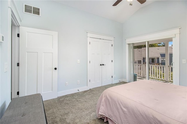 carpeted bedroom with access to outside, lofted ceiling, and ceiling fan