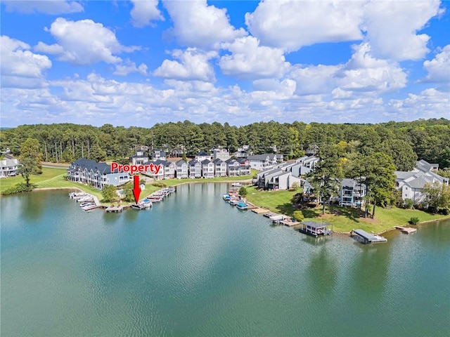 drone / aerial view featuring a water view