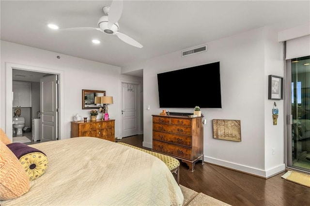 bedroom featuring visible vents, wood finished floors, baseboards, ensuite bathroom, and recessed lighting