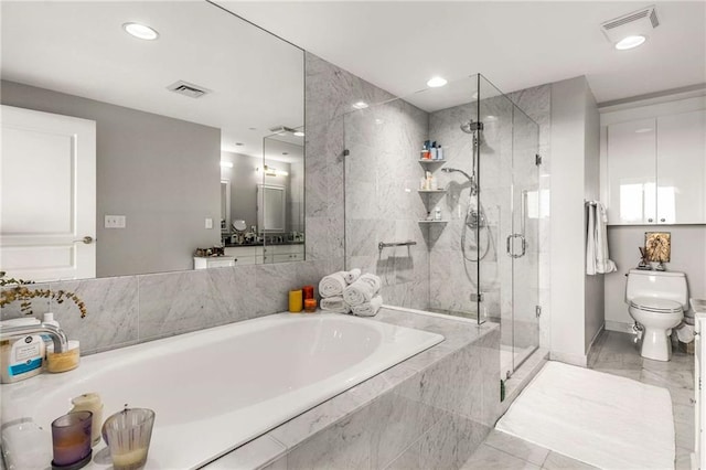 full bathroom featuring visible vents, a bath, toilet, and a shower stall