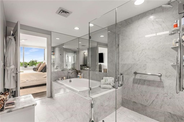bathroom with a bath, visible vents, a stall shower, connected bathroom, and recessed lighting