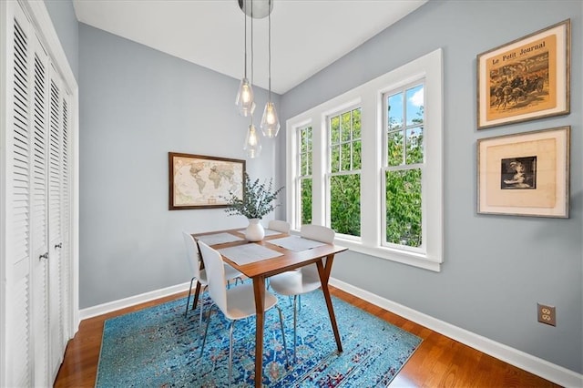 dining space featuring baseboards and wood finished floors