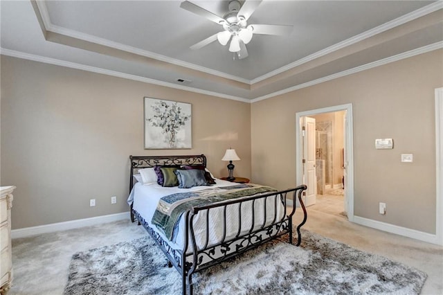 bedroom with light carpet, visible vents, crown molding, and baseboards