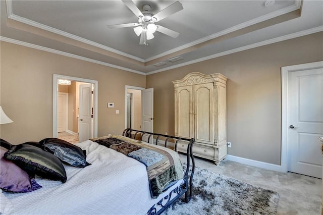 bedroom with baseboards, a raised ceiling, light colored carpet, and ornamental molding