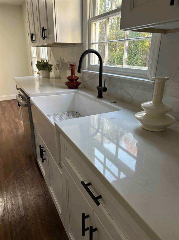 kitchen featuring sink, dark hardwood / wood-style flooring, and white cabinetry