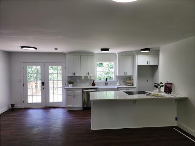 kitchen with sink, white cabinets, french doors, stainless steel dishwasher, and decorative backsplash