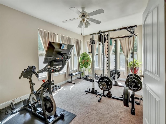 workout area featuring baseboards, carpet, and ceiling fan