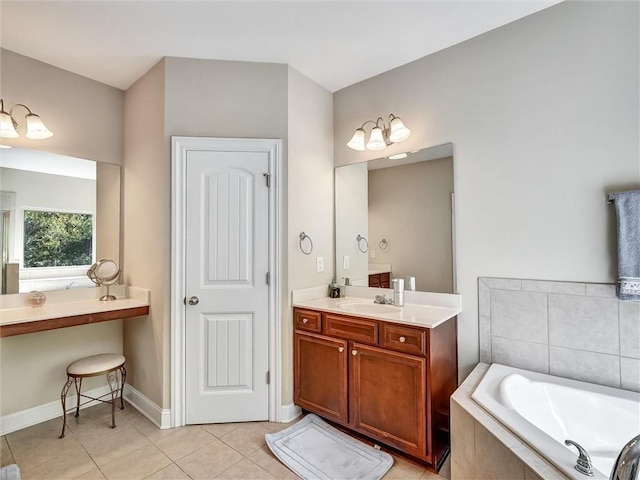 full bathroom featuring a bath, baseboards, tile patterned flooring, and vanity