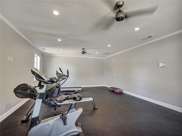 workout area with baseboards, a ceiling fan, crown molding, and visible vents