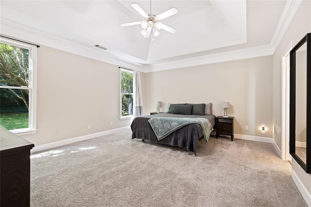 3072 Oaktree Ln, Duluth, GA 30096 - bedroom with a raised ceiling, carpet floors, crown molding, and ceiling fan