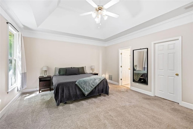 3072 Oaktree Ln, Duluth, GA 30096 - bedroom with a raised ceiling, carpet, ornamental molding, and a ceiling fan