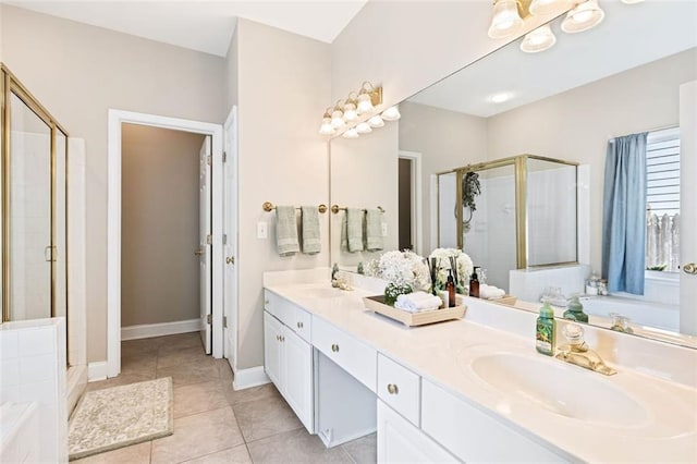 3072 Oaktree Ln, Duluth, GA 30096 - full bath featuring a shower stall, double vanity, a garden tub, and tile patterned floors