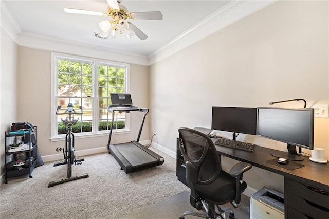 3072 Oaktree Ln, Duluth, GA 30096 - home office featuring carpet floors, a ceiling fan, and ornamental molding