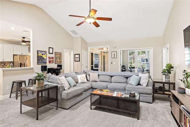 3072 Oaktree Ln, Duluth, GA 30096 - carpeted living area featuring ceiling fan and high vaulted ceiling
