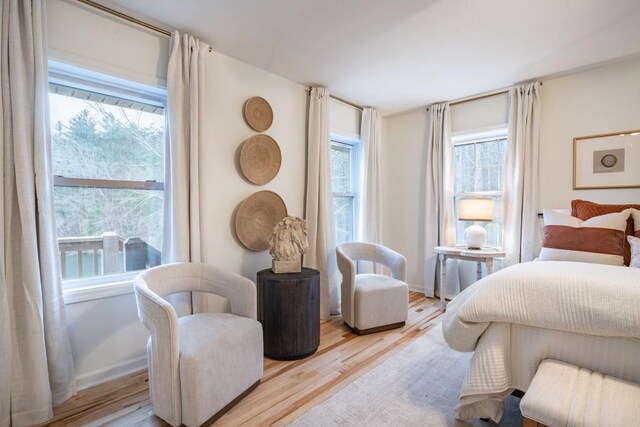 bedroom featuring light hardwood / wood-style floors and multiple windows