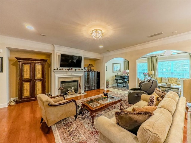 6416 Hickory Springs Cir, Hoschton, GA 30548 - living room with arched walkways, crown molding, wood finished floors, a glass covered fireplace, and baseboards