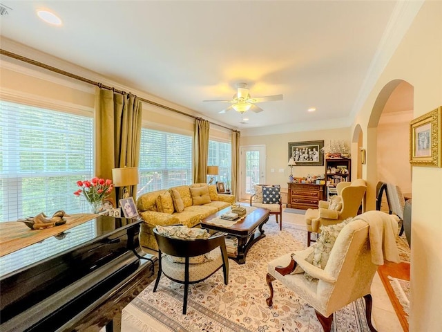 6416 Hickory Springs Cir, Hoschton, GA 30548 - living area featuring arched walkways, ceiling fan, crown molding, and recessed lighting
