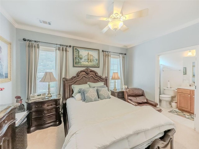 6416 Hickory Springs Cir, Hoschton, GA 30548 - bedroom featuring light colored carpet, ensuite bathroom, crown molding, and ceiling fan