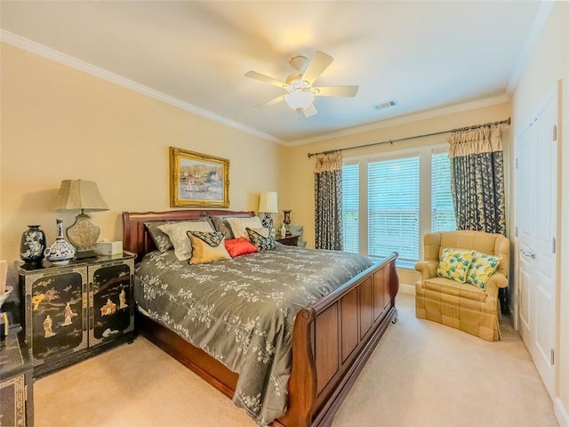 6416 Hickory Springs Cir, Hoschton, GA 30548 - bedroom featuring light colored carpet, ornamental molding, and ceiling fan