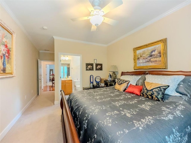 6416 Hickory Springs Cir, Hoschton, GA 30548 - bedroom with light colored carpet, crown molding, baseboards, connected bathroom, and a ceiling fan