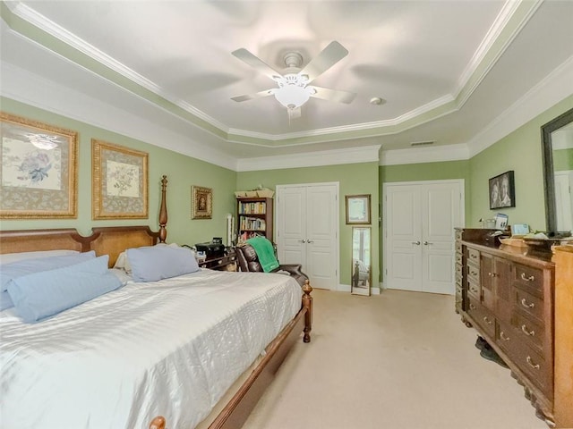 6416 Hickory Springs Cir, Hoschton, GA 30548 - bedroom with light carpet, a raised ceiling, crown molding, and a ceiling fan